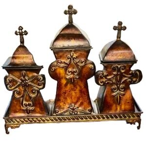 Beautiful Metal Rustic/Tuscany Style Cross Canisters &/or Decor on 4 Legged Base